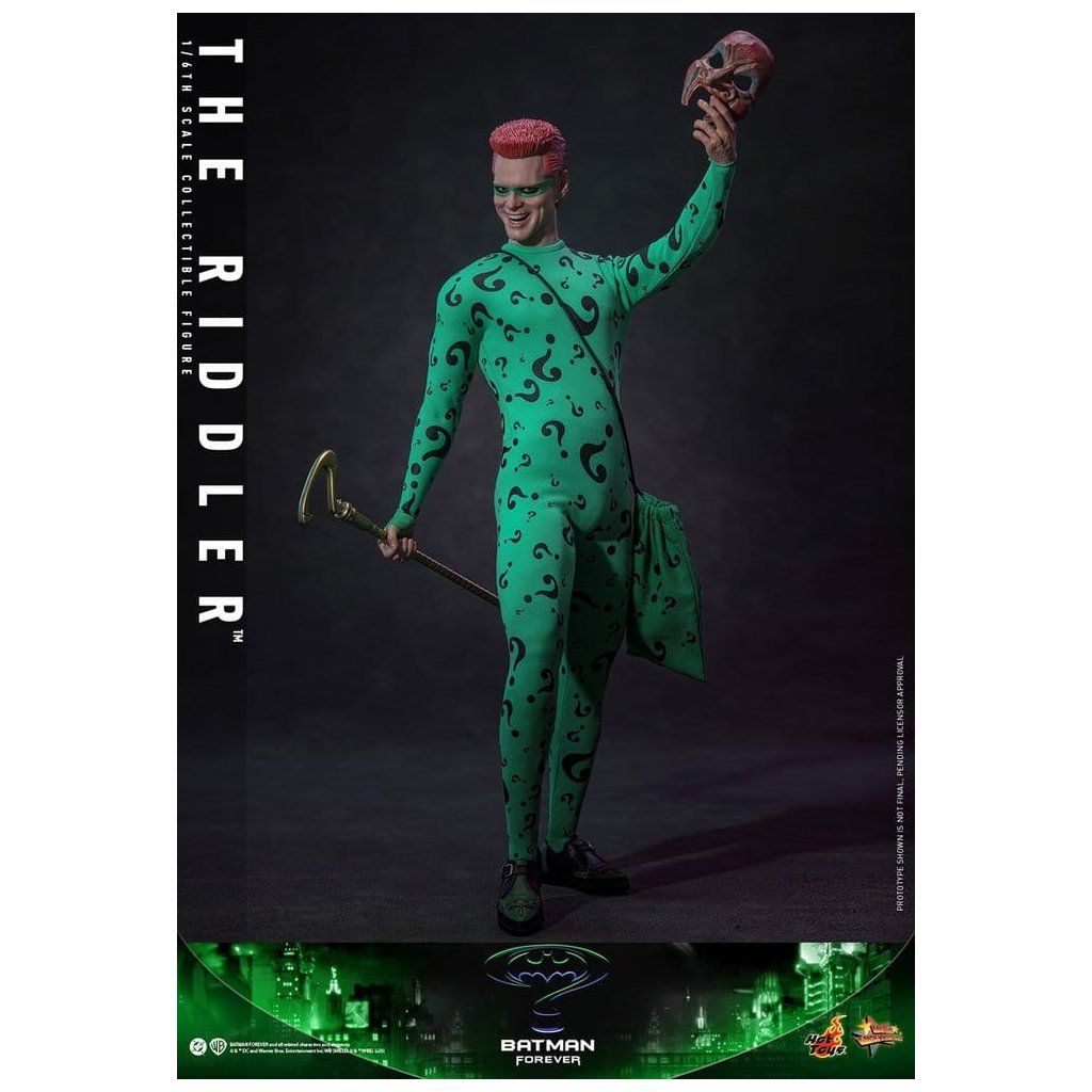 Hot Toys Riddler Batman Forever zelený kostým s motivem otazníků